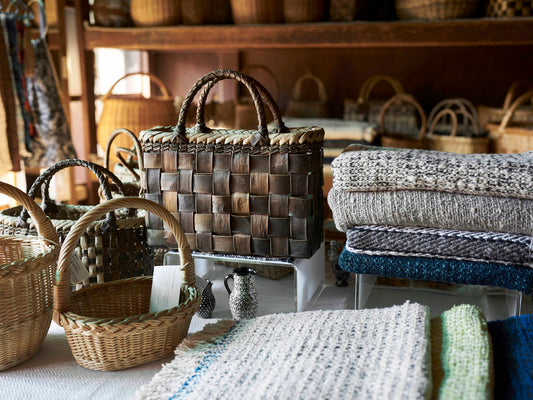 Gara-bou Spun Cotton Stoles and Walnut Bark Baskets