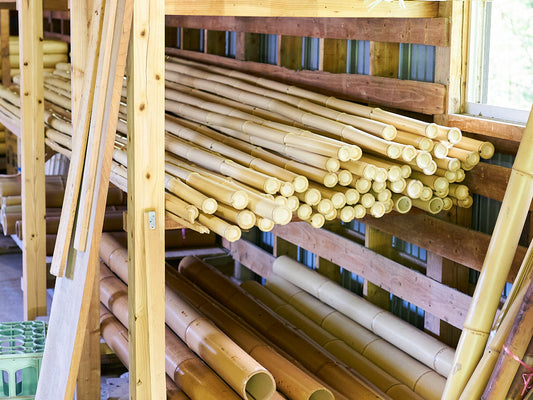Bamboo poles stored on wooden shelves at the workshop of Yoshida Takemono in Oita, Japan. / 大分県の吉田竹物の竹材倉庫で、木製の棚に保管されているかご作り用の竹材。