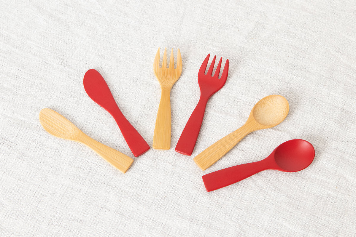 Petite Morning Fork, Knife & Spoon (Natural, Red) / Moso Bamboo / Oita-JPN 211117