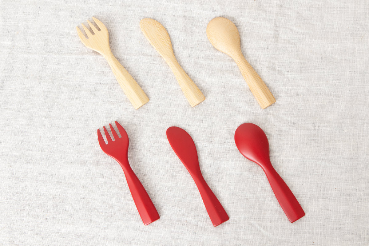 Petite Morning Fork, Knife & Spoon (Natural, Red) / Moso Bamboo / Oita-JPN 211117