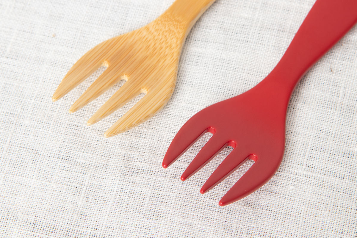 Petite Morning Fork, Knife & Spoon (Natural, Red) / Moso Bamboo / Oita-JPN 211117