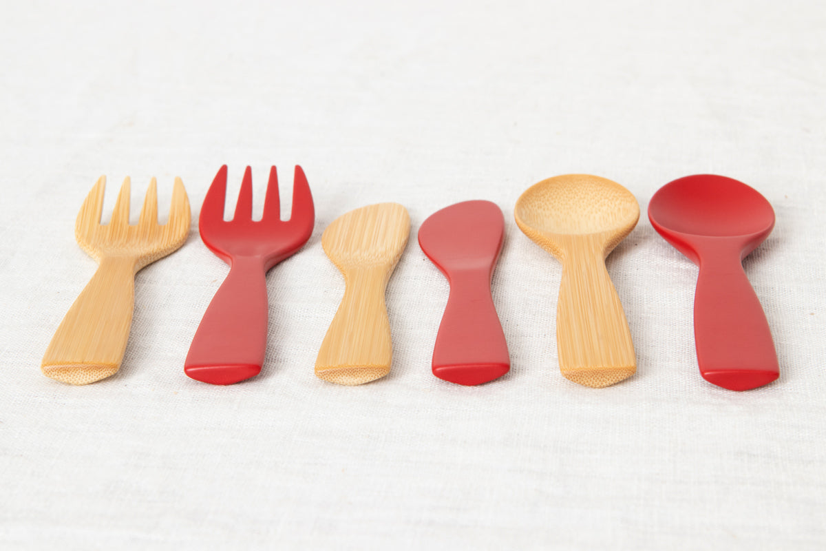 Petite Morning Fork, Knife & Spoon (Natural, Red) / Moso Bamboo / Oita-JPN 211117