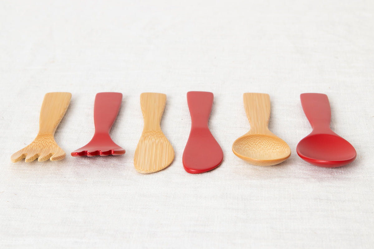 Petite Morning Fork, Knife & Spoon (Natural, Red) / Moso Bamboo / Oita-JPN 211117