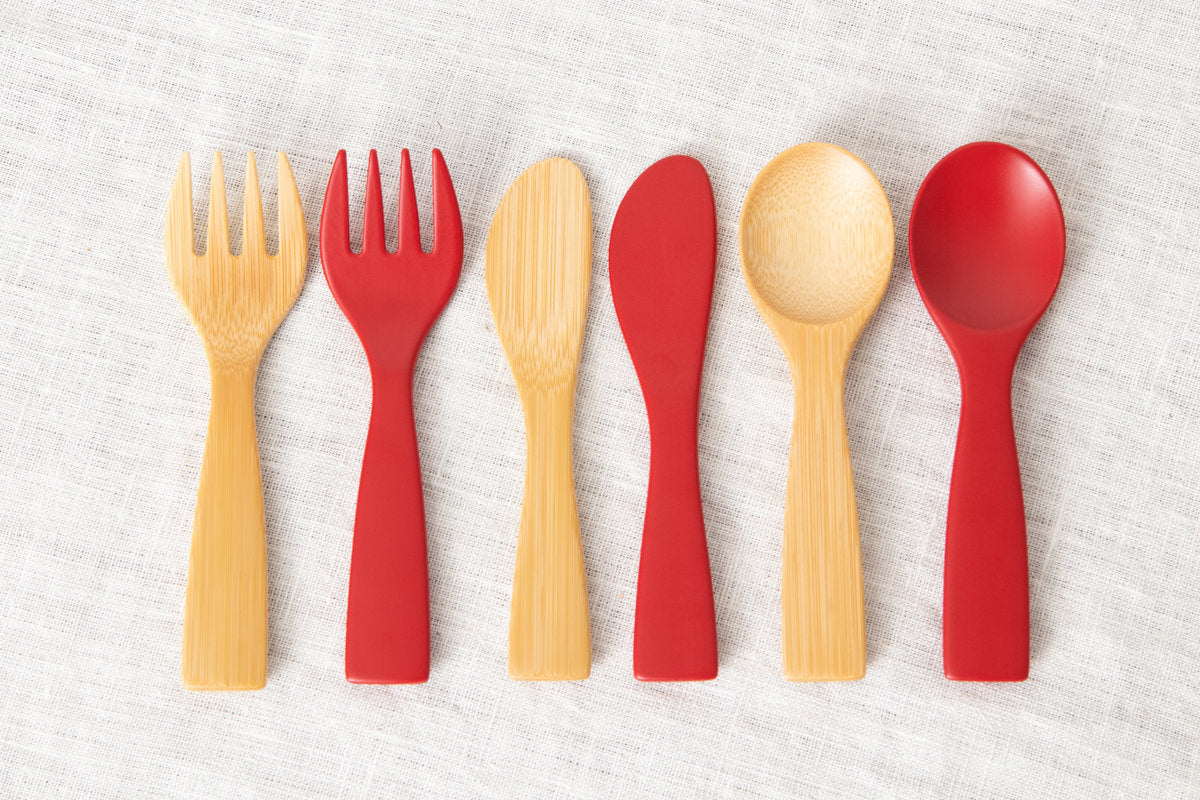 Petite Morning Fork, Knife & Spoon (Natural, Red) / Moso Bamboo / Oita-JPN 211117