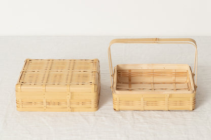 Handled Lunch Basket Medium 2-tier / White Bamboo / Kagoshima-JPN 321111-1
