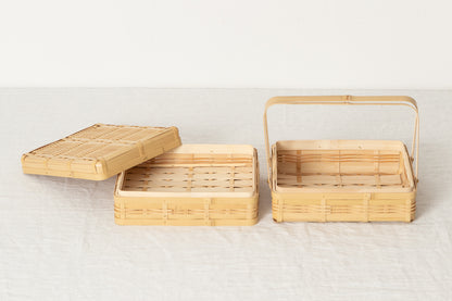 Handled Lunch Basket Medium 2-tier / White Bamboo / Kagoshima-JPN 321111-1
