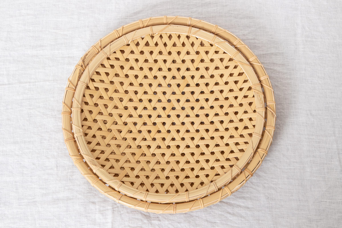 Flat Basket Tray "Kikko Weave" (Large Sizes) / White Bamboo / Aichi-JPN 251107