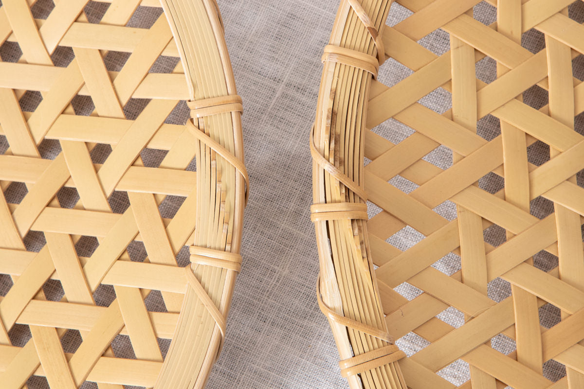 Flat Basket Tray "Kikko Weave" (Large Sizes) / White Bamboo / Aichi-JPN 251107
