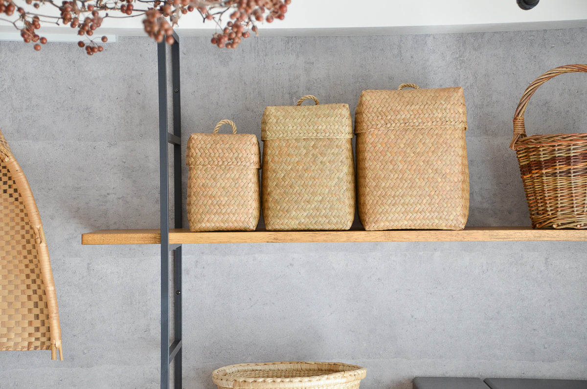 Krajood grass acorn-shaped organizing baskets with lids displayed on a shelf / カチューのどんぐり型の蓋付き整理かごを棚に並べた様子