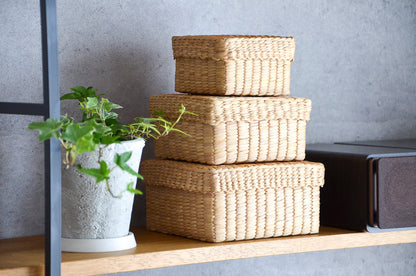 Water hyacinth square boxes with lids on a shelf / ウォーターヒヤシンスの蓋付きスクエアボックスを棚に置いた様子