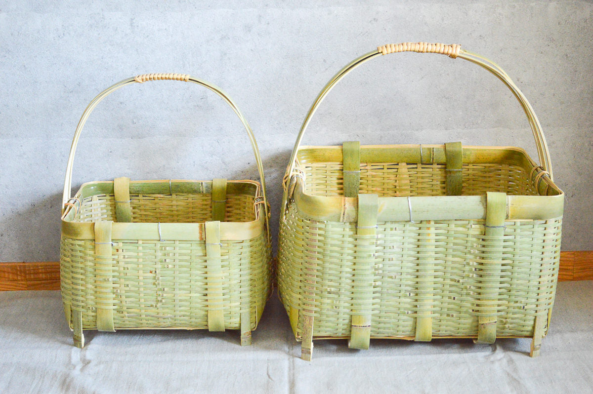 Madake bamboo kakukago baskets with handles and legs / 真竹の三本手角かご（足つき）