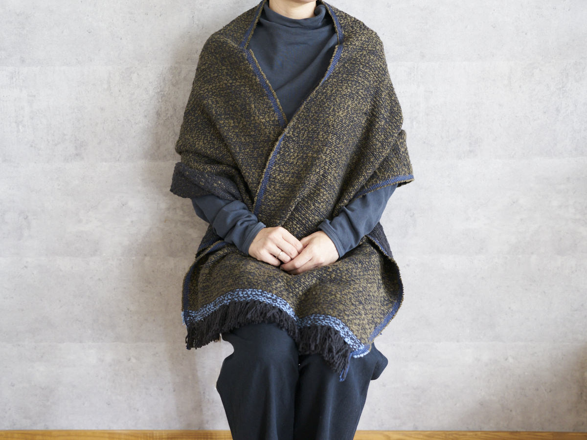 Medium-Stole Gara-bou “Double-Face Charcoal Olive” / Cotton / IND 330930-5