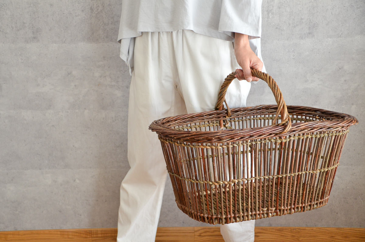 フランス/やなぎ　すかし編みオーバルバスケット（ダーク）　S・L　2サイズ