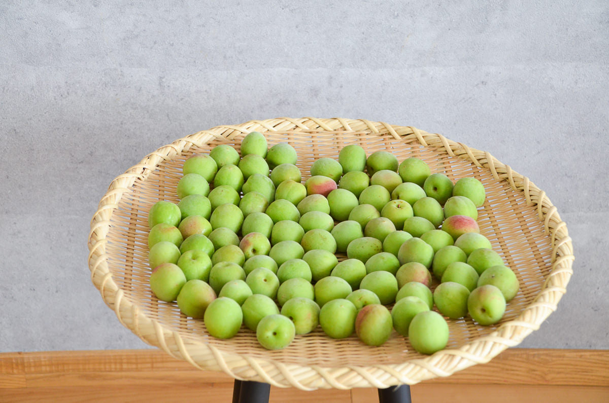 Large flat bamboo colander with green ume plums / 大きな青竹の溜めざるに梅を広げている様子